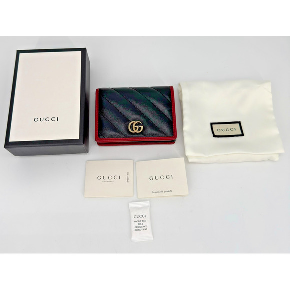 New GUCCI GG Marmont Diagonal Black and Red Leather Bifold Card Wallet W/ Box - Picture 1 of 15